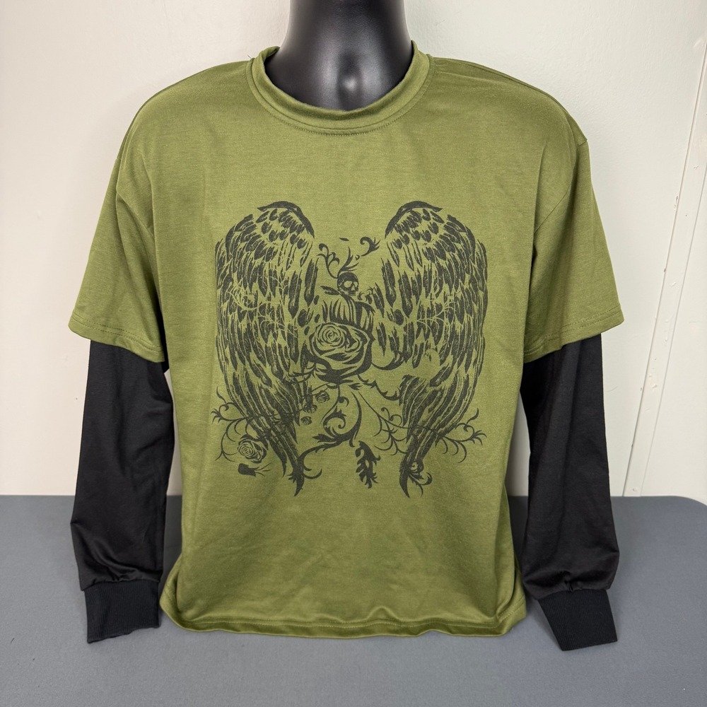 Romwe Graphic Tee Mens Small Olive Green Angel Wings Rose Skull Layered Shirt